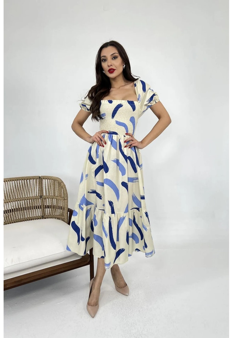 Rochie midi - volane - guler patrat - bumbac/poliester/elastan