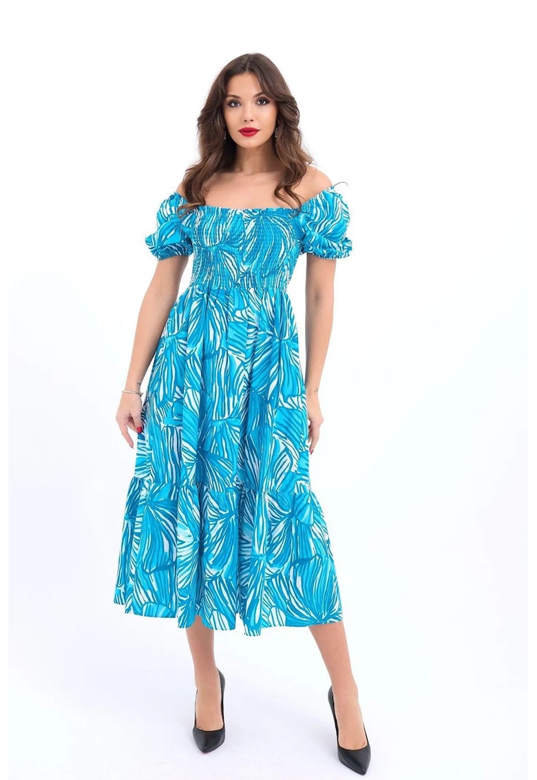Rochie midi cu volane - albastru - bumbac
