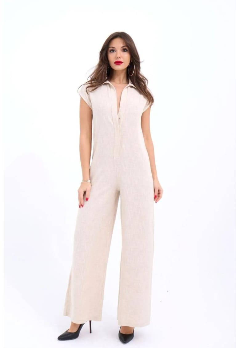 Salopeta dama - texturata - picior larg - bej natural - bumbac