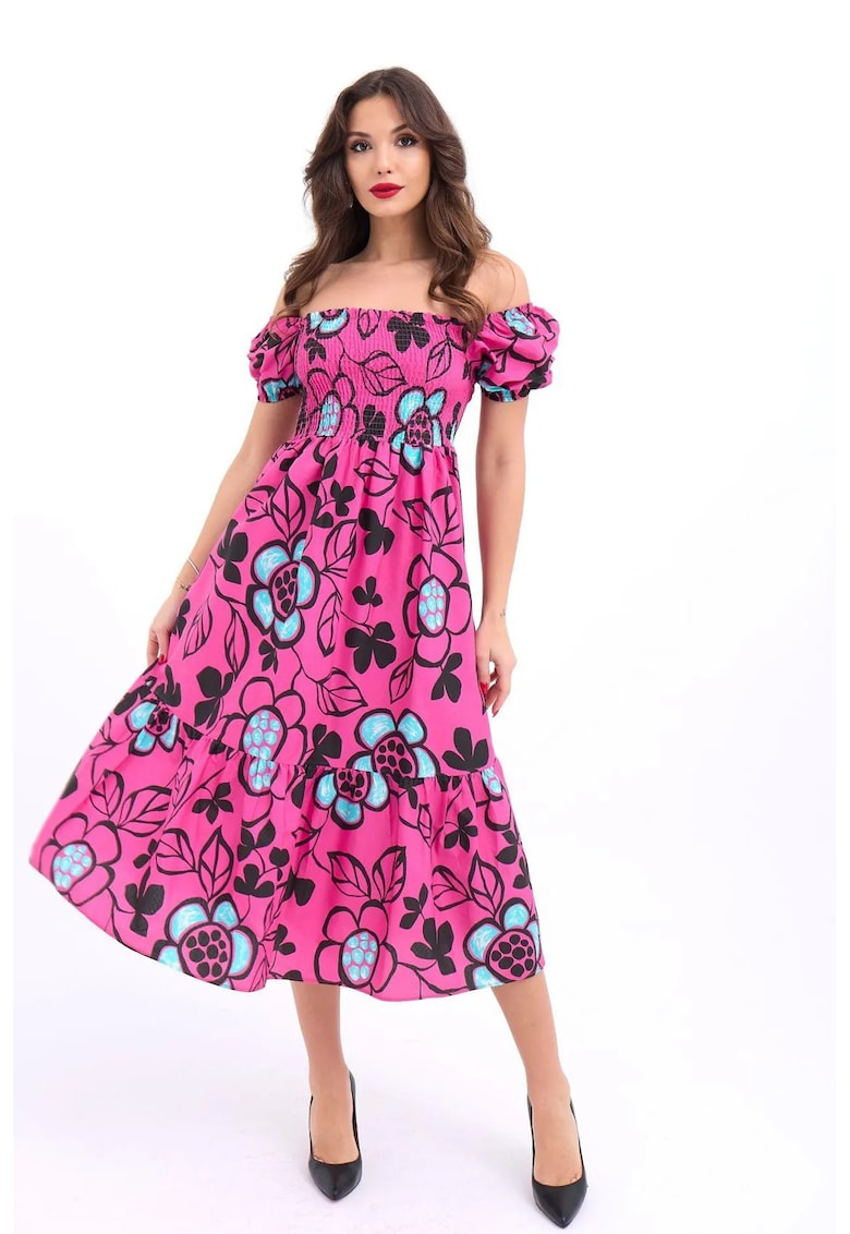 Rochie midi - evazata cu volane - multicolor