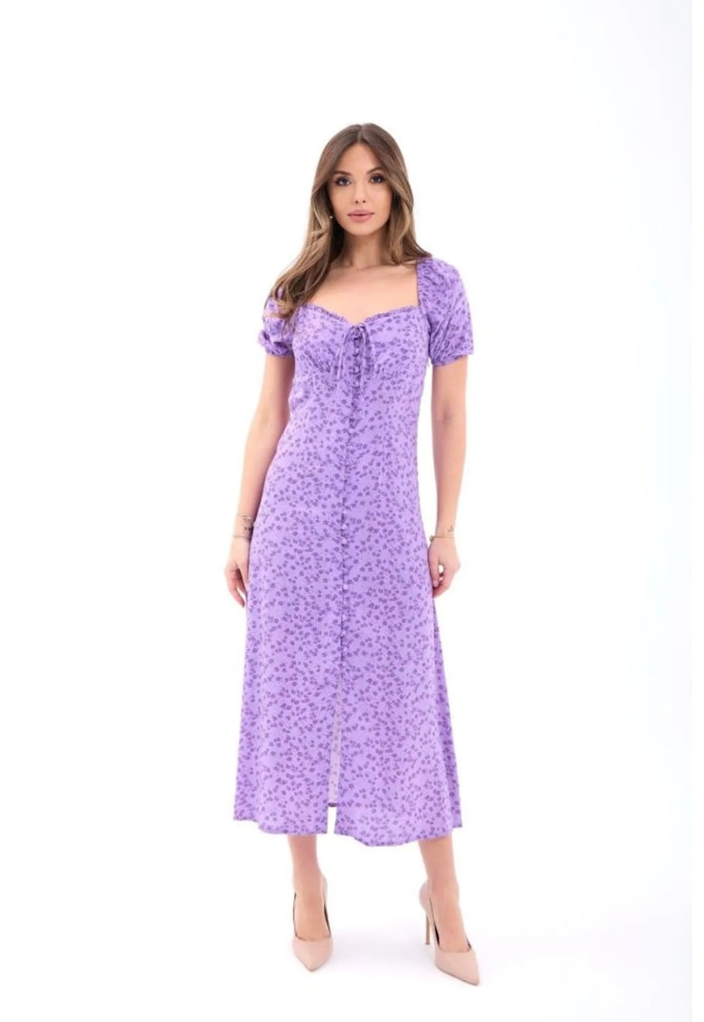 Rochie midi - florala - guler patrat - mov - bumbac si poliester