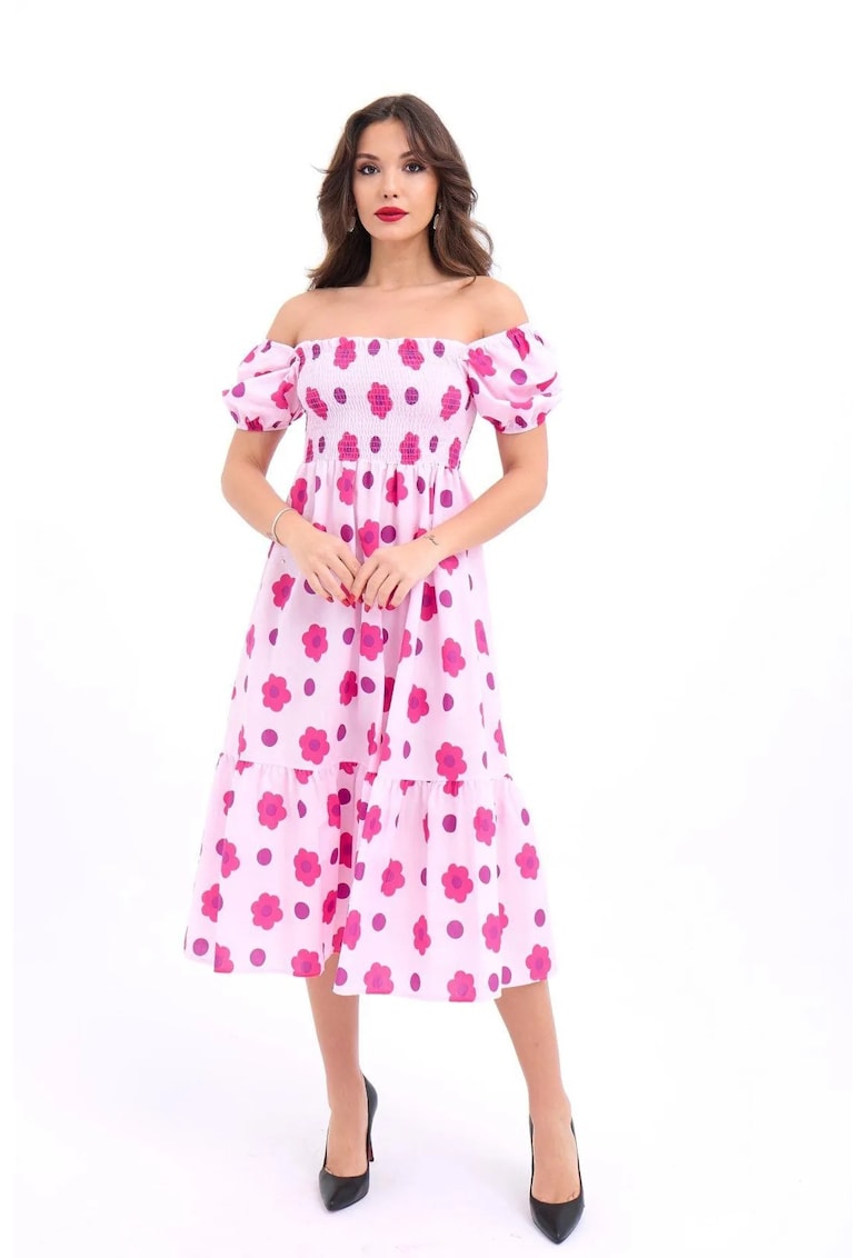 Rochie midi A-Line - volane - roz