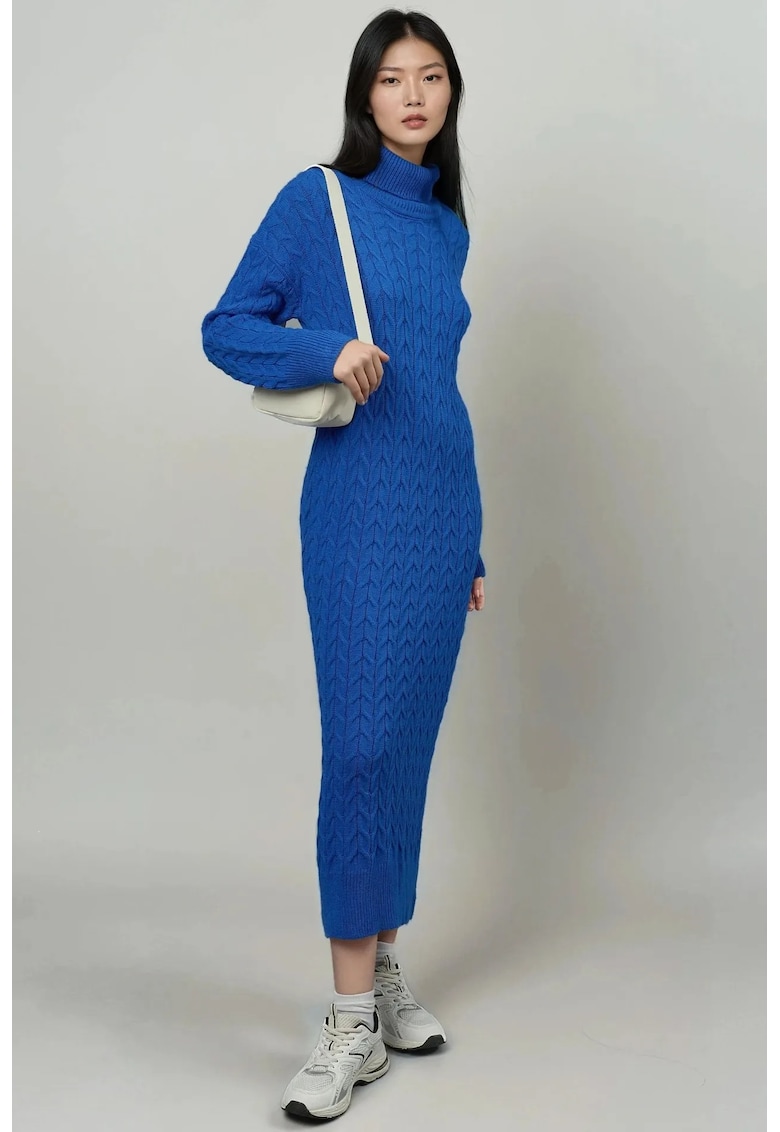 Rochie tricotata - guler inalt - model impletit - albastru cobalt - acril - One Size