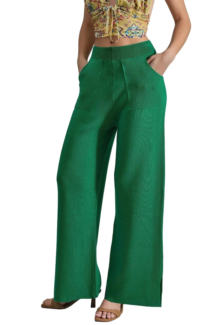 Pantaloni dama - Verde - Tricot - Talie inalta -