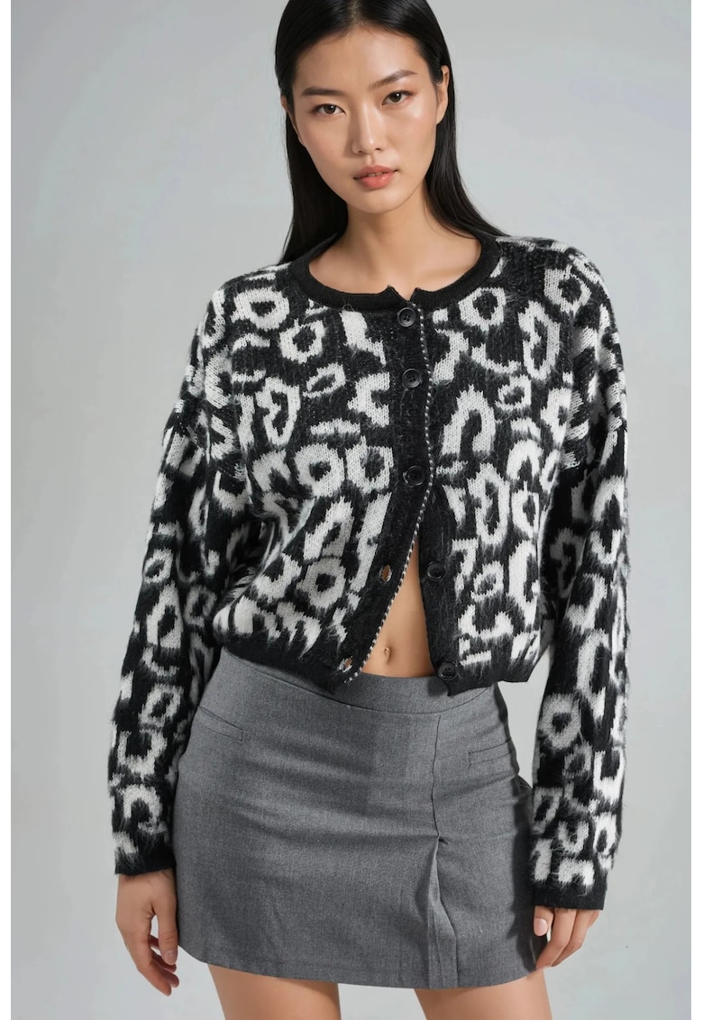 Pulover dama - cardigan cu imprimeu leopard - negru - 100% acrilic -