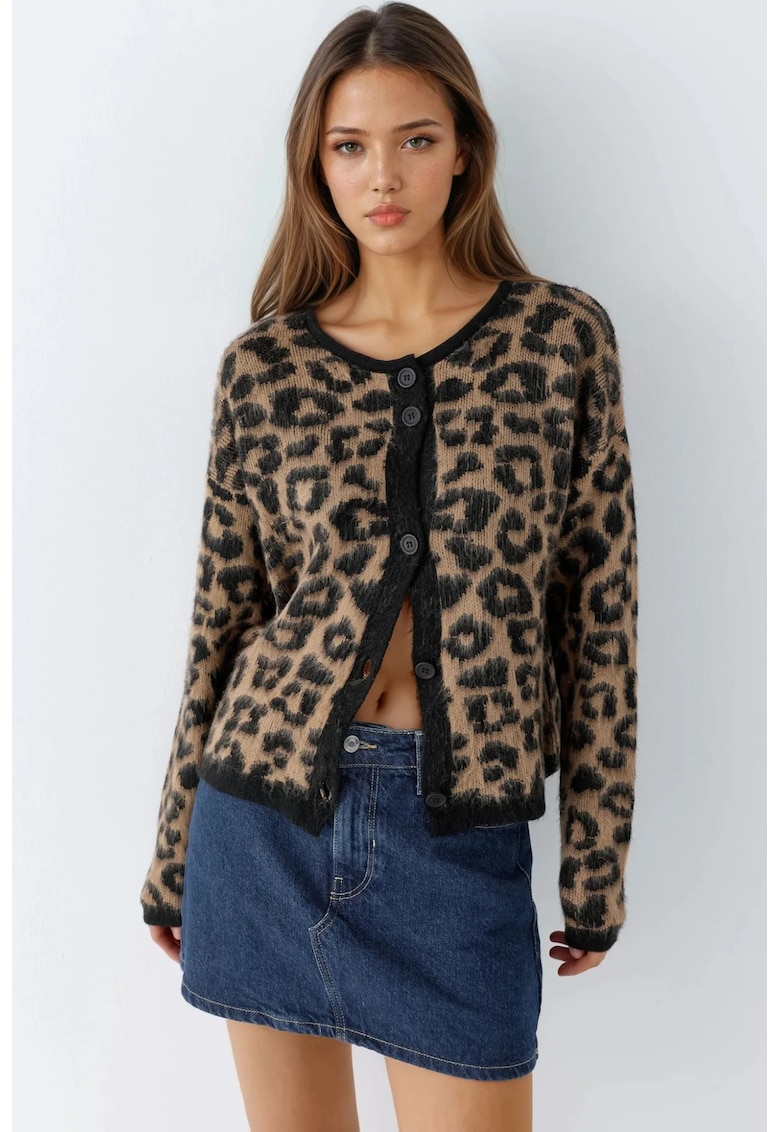 Cardigan imprimeu leopard - maro - 100% acrilic -