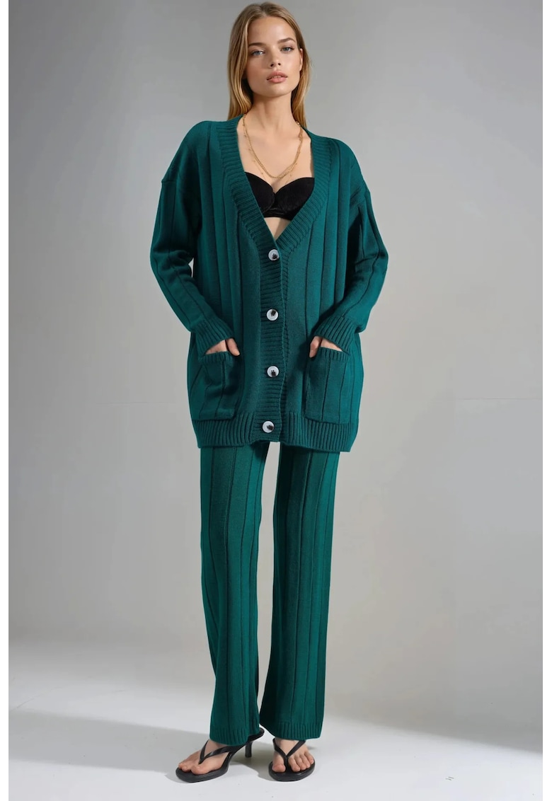 Compleu tricotat - cardigan cu decolteu in V - pantaloni cu picior larg - verde - One Size