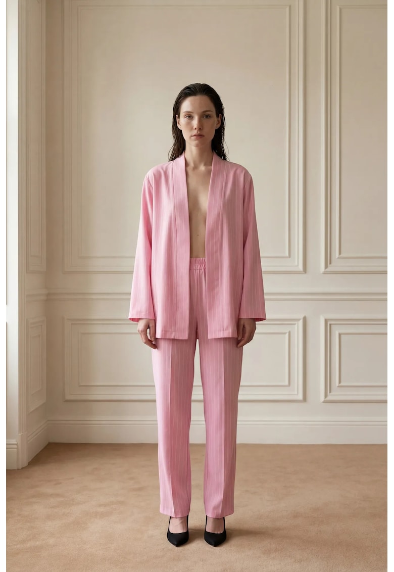 Compleu dama - din doua piese - dungi - roz pudra - textil