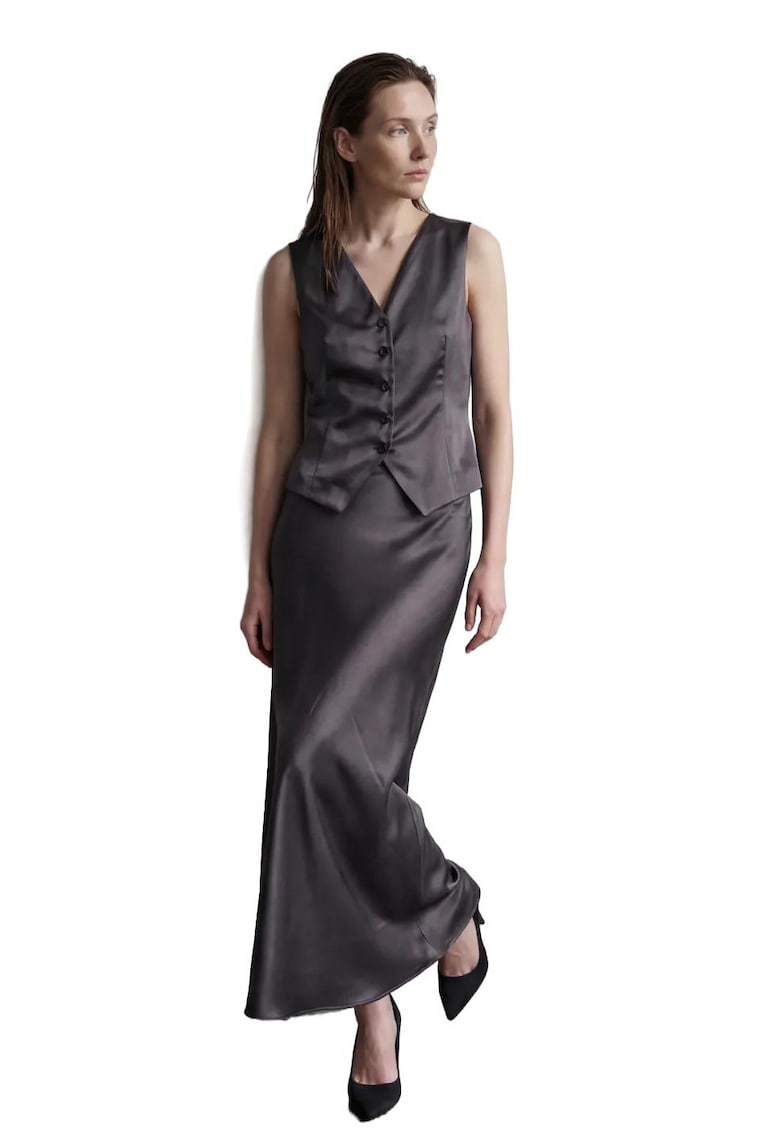 Compleu dama - set din doua piese - decolteu in V - gri inchis - satin