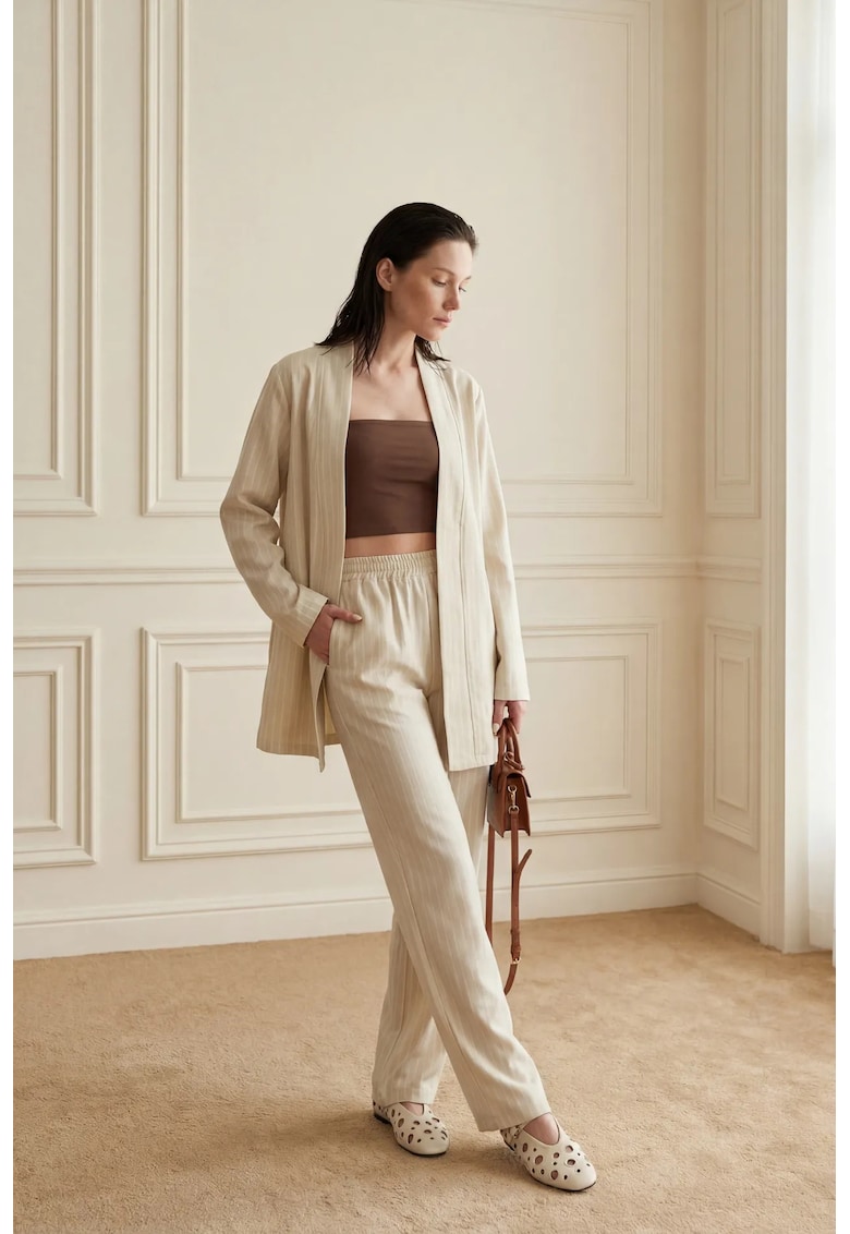 Compleu dama - din doua piese - dungi - bej - poliester