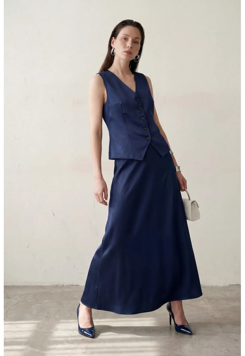 Compleu din doua piese - vesta cu decolteu in V - fusta maxi - albastru marin - satin