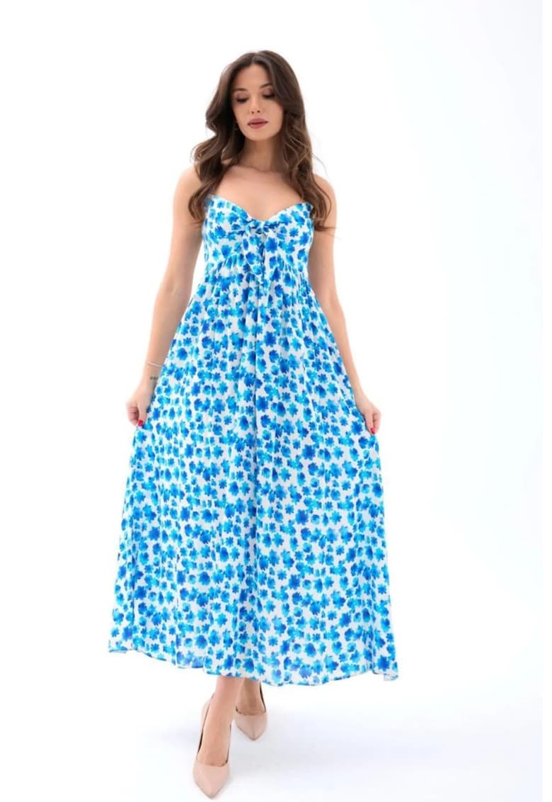 Rochie midi - florala - albastra - poliester-bumbac