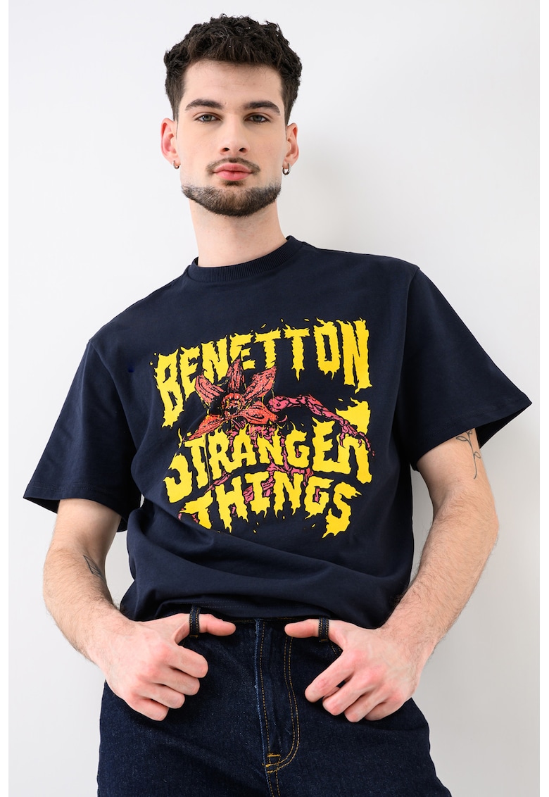 Tricou lejer cu imprimeu text frontal - Bleumarin