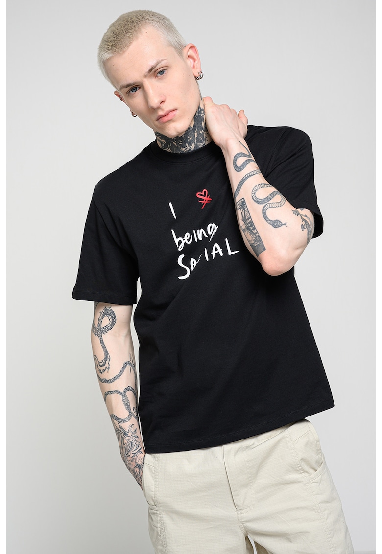 Tricou lejer din bumbac cu imprimeu text - Alb/Negru