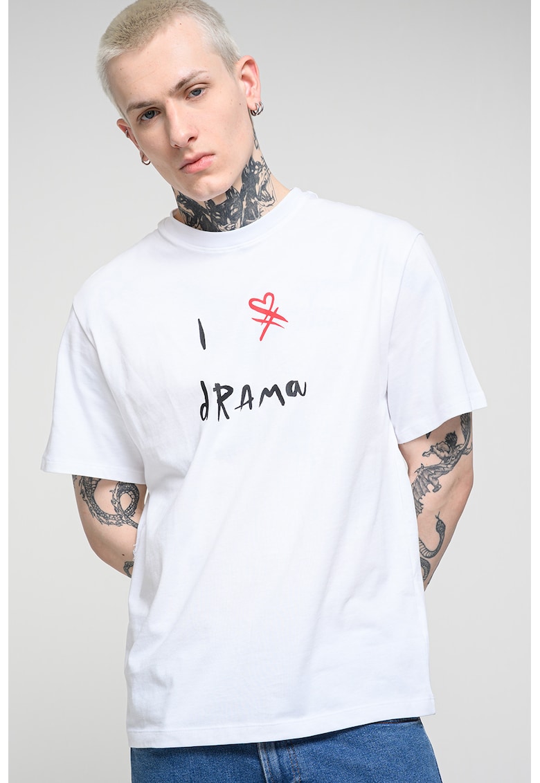 Tricou lejer din bumbac cu imprimeu text - Negru/Alb optic