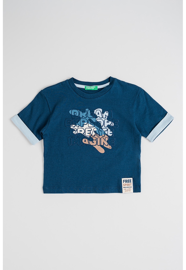 Tricou cu decolteu la baza gatului si imprimeu - Maro/Bleumarin