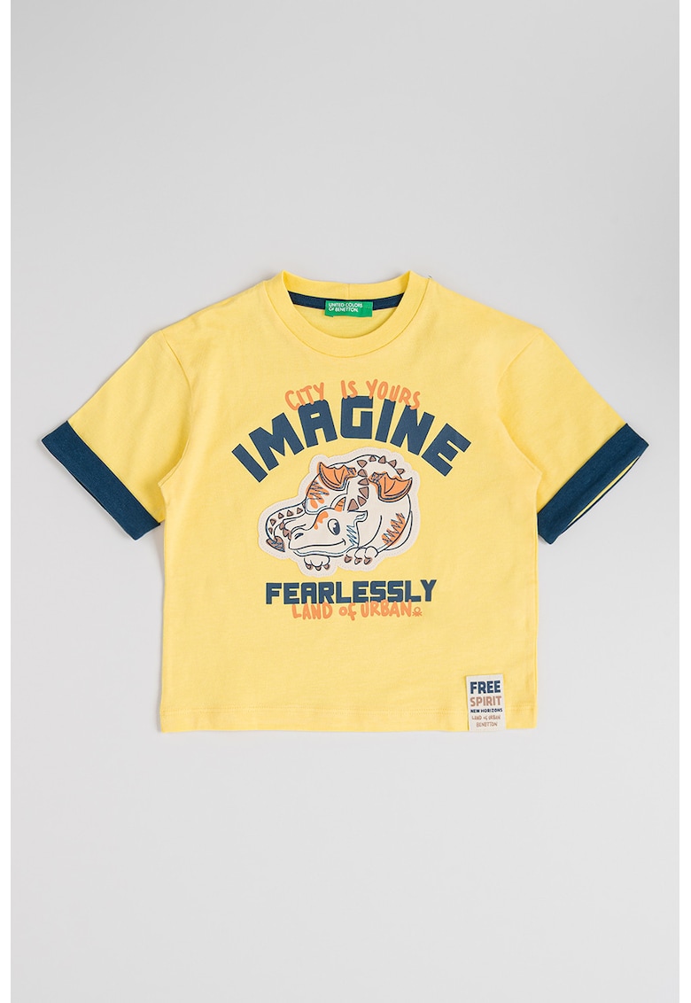 Tricou cu decolteu la baza gatului si imprimeu - Galben deschis/Portocaliu deschis/Bleumarin