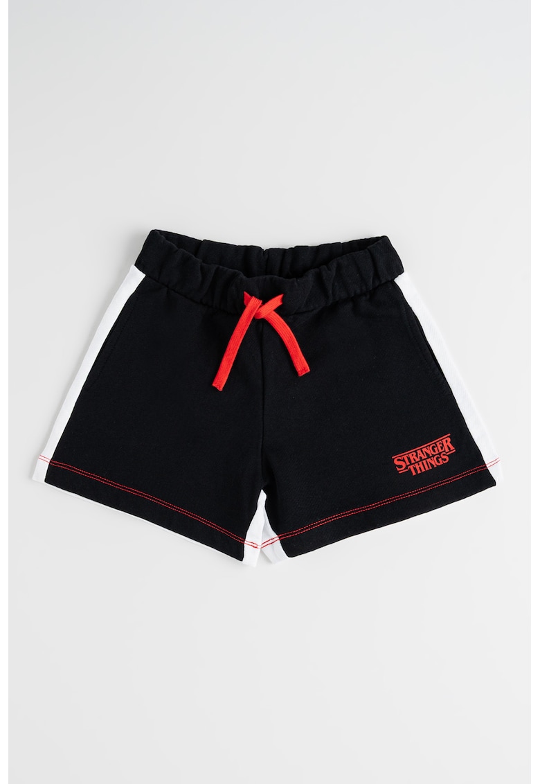 Pantaloni scurti din bumbac cu snur de ajustare si imprimeu text - Rosu/Alb/Negru