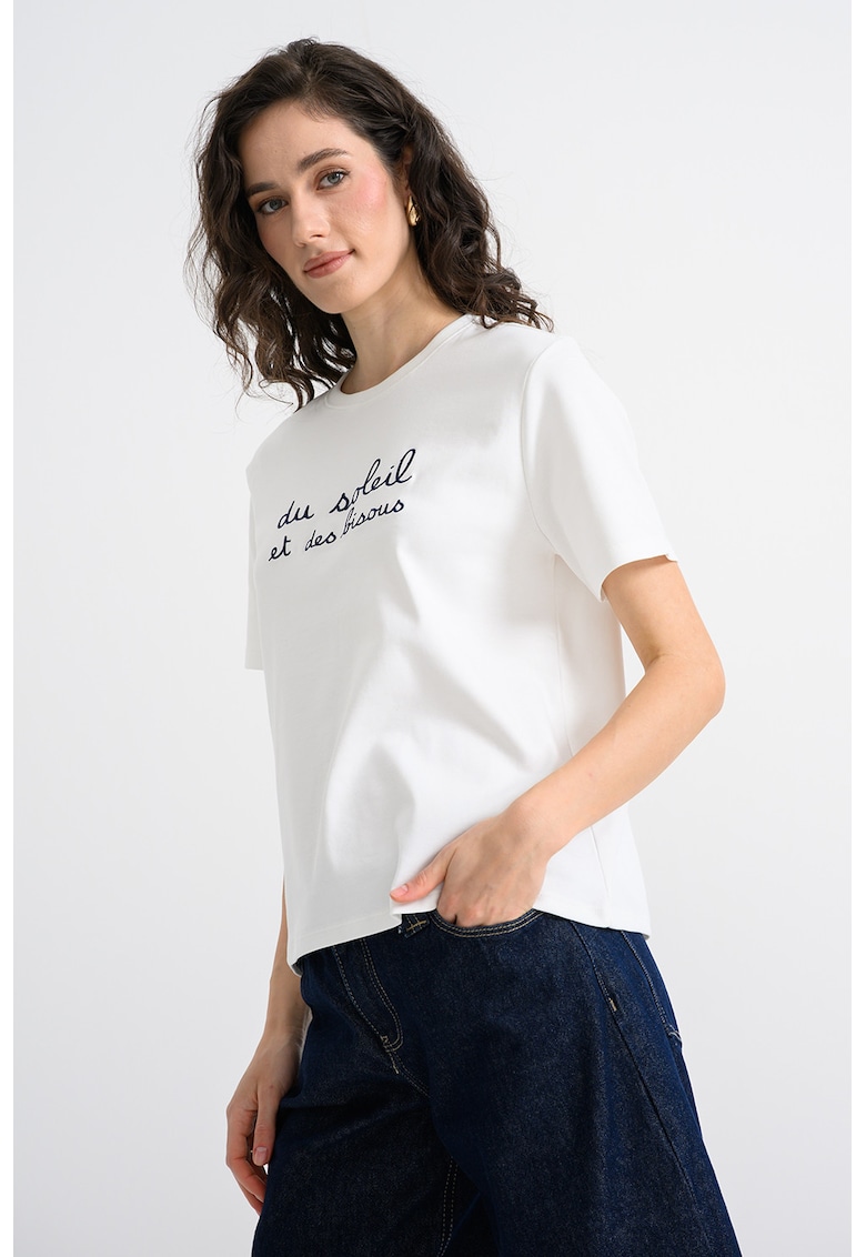 Tricou regular fit cu decolteu la baza gatului - Alb/Bleumarin