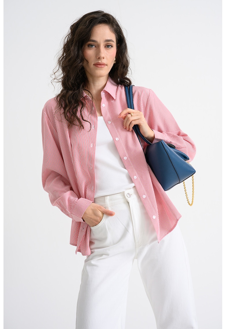 Camasa lejera cu model in dungi si broderie text - Rosu/Alb