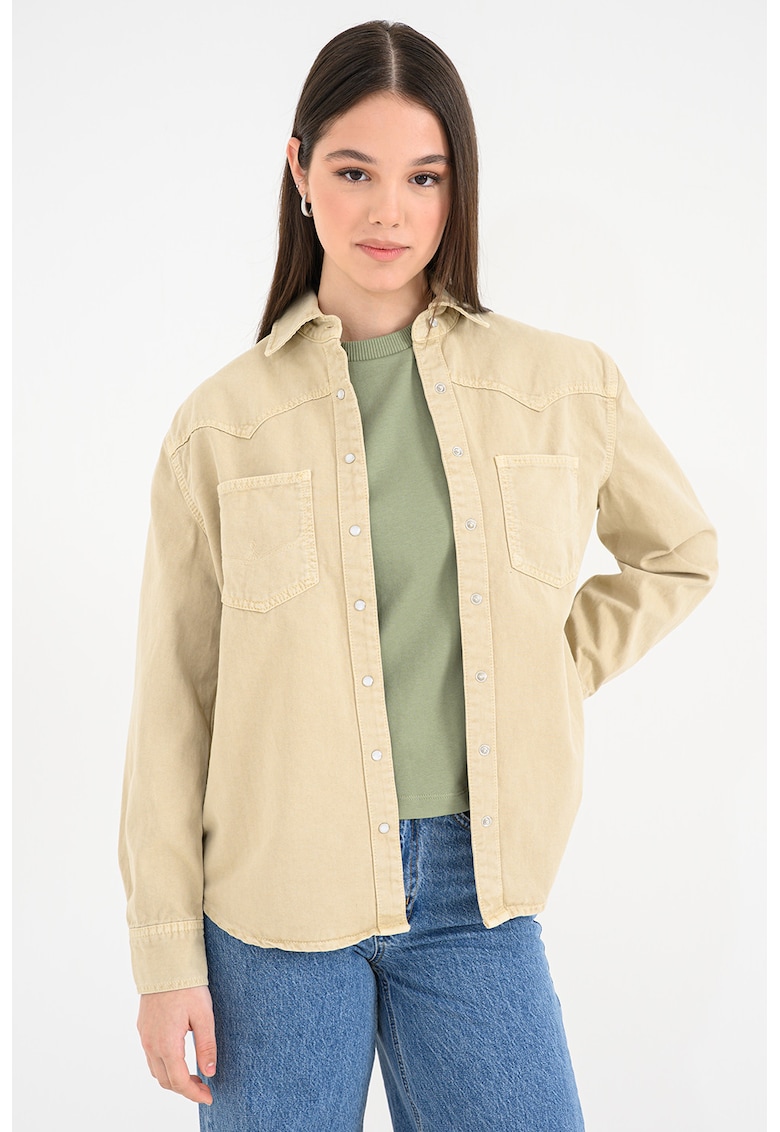 Camasa de denim cu buzunare aplicate - Maro camel