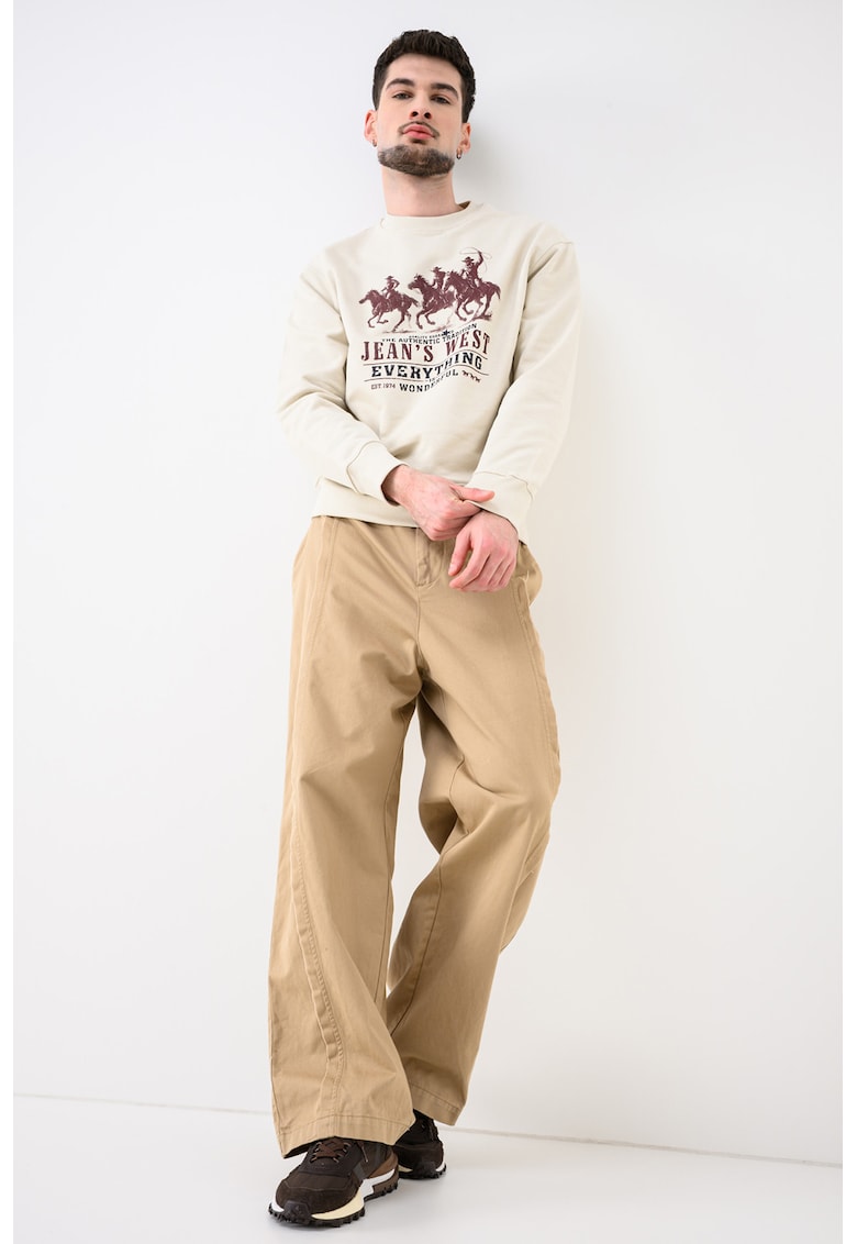 Bluza de trening cu decolteu la baza gatului si imprimeu grafic - Bej deschis