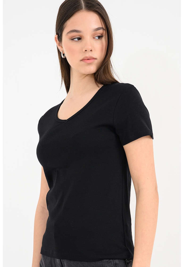 Tricou din bumbac cu decolteu in V - Negru