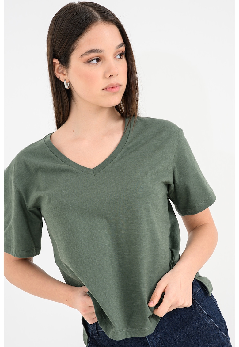 Tricou din bumbac cu decolteu in V - Verde feriga