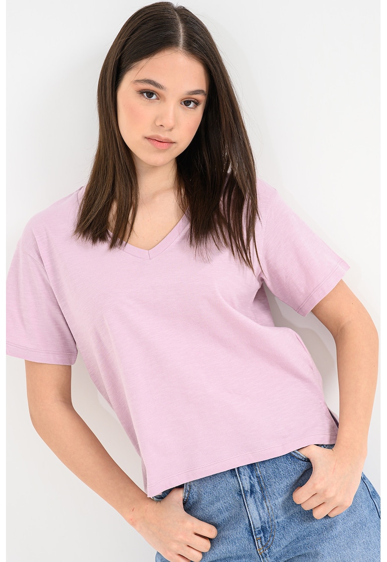 Tricou din bumbac cu decolteu in V - Fucsia