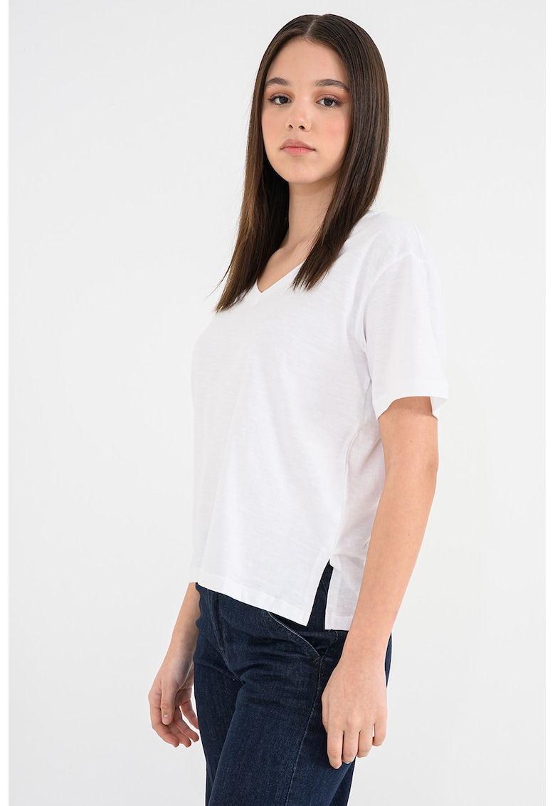 Tricou din bumbac cu decolteu in V - Alb optic