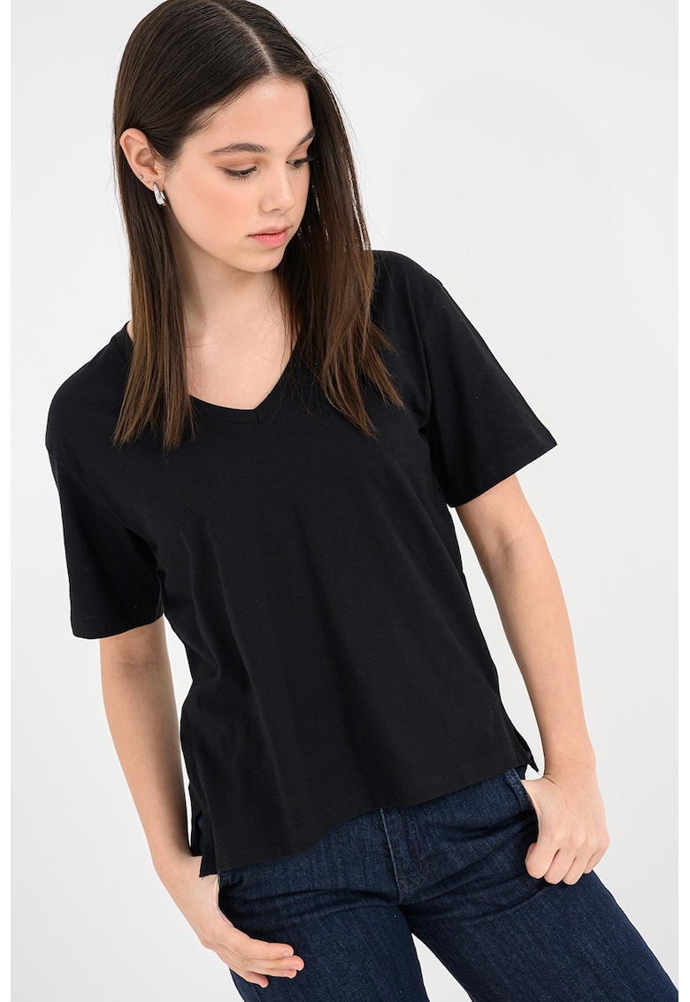 Tricou din bumbac cu decolteu in V - Negru