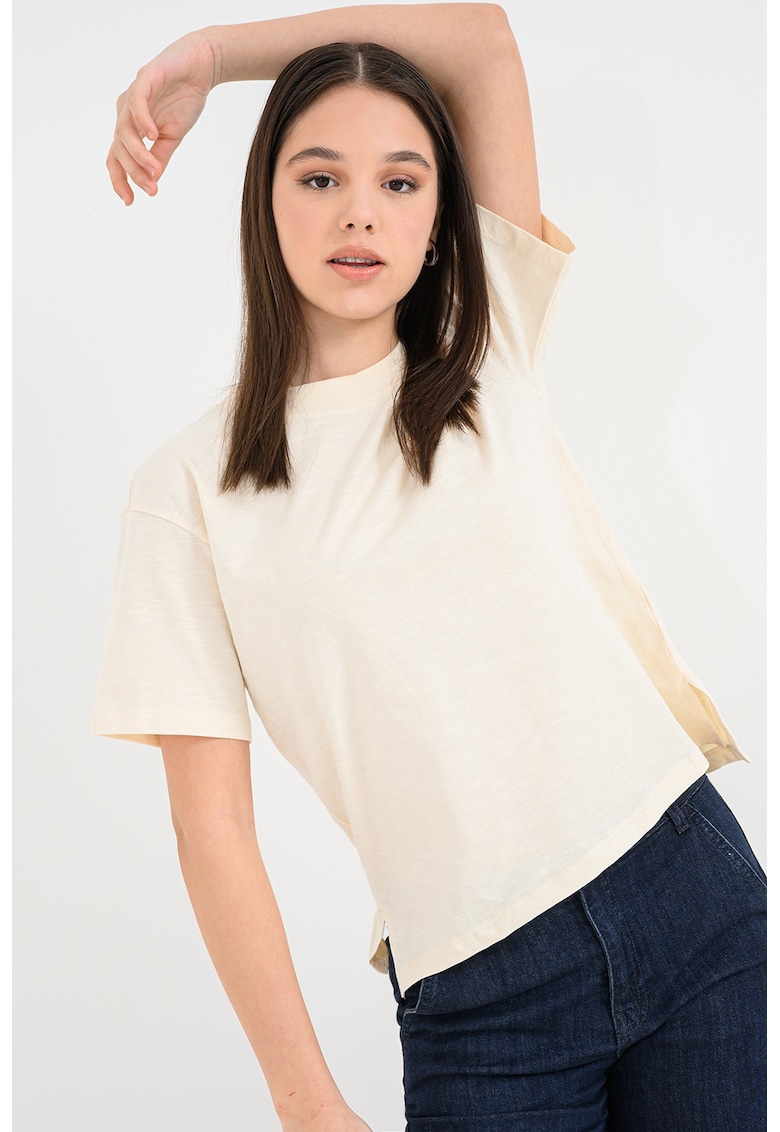 Tricou din bumbac cu decolteu la baza gatului - Galben pal