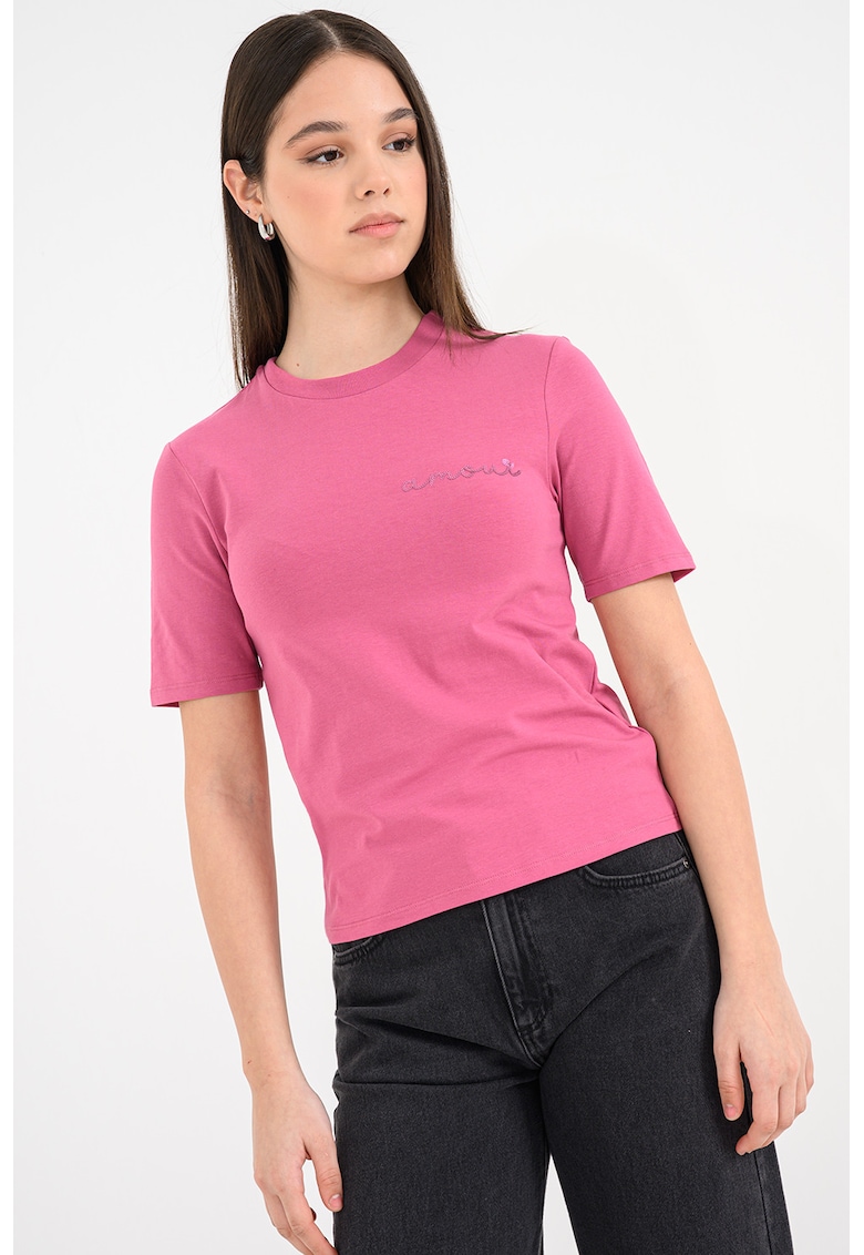 Tricou slim fit cu decolteu la baza gatului - Roz aprins