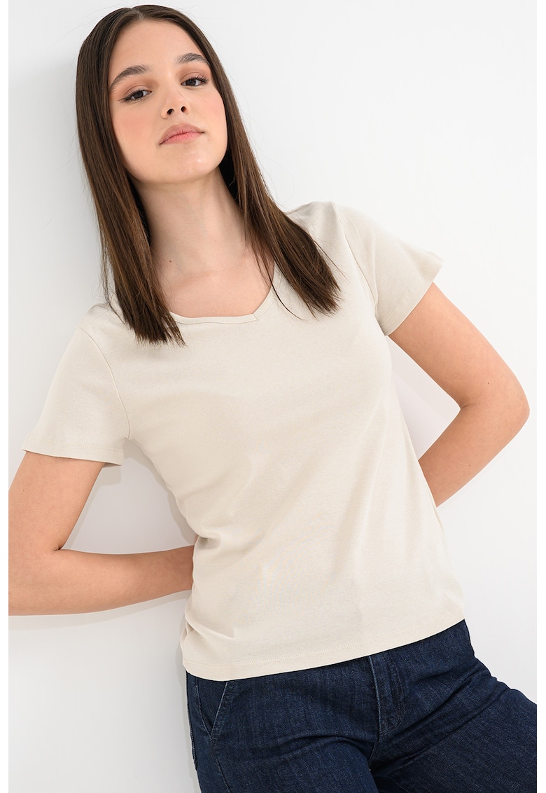 Tricou din bumbac cu decolteu in V - Galben pal