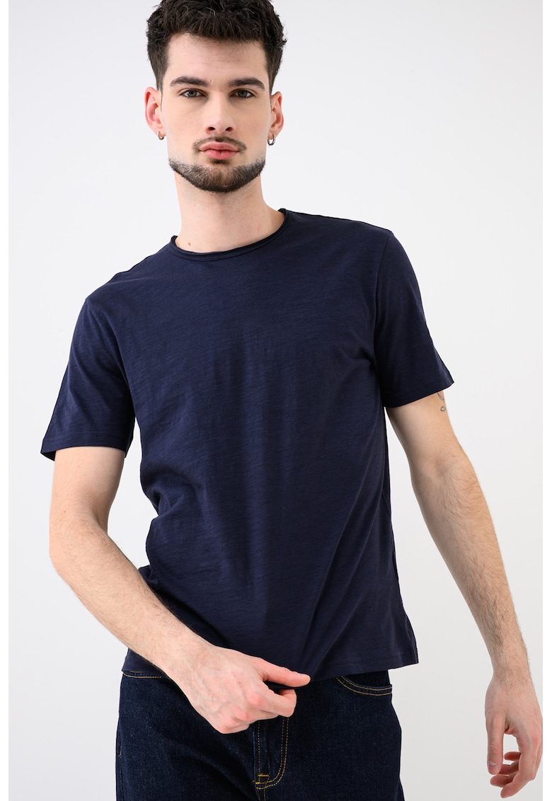 Tricou din bumbac cu decolteu la baza gatului - Bleumarin