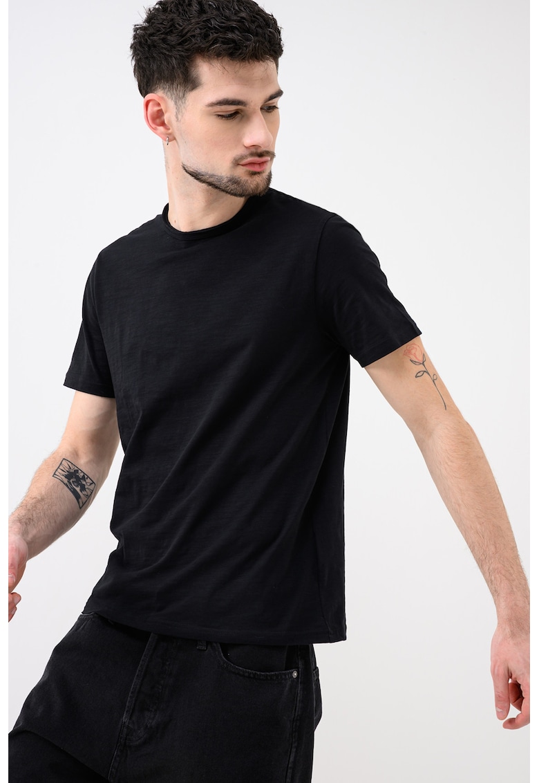 Tricou din bumbac cu decolteu la baza gatului - Negru