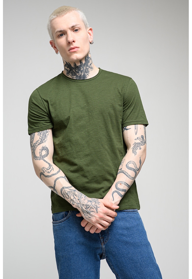 Tricou din bumbac cu decolteu la baza gatului - Verde inchis