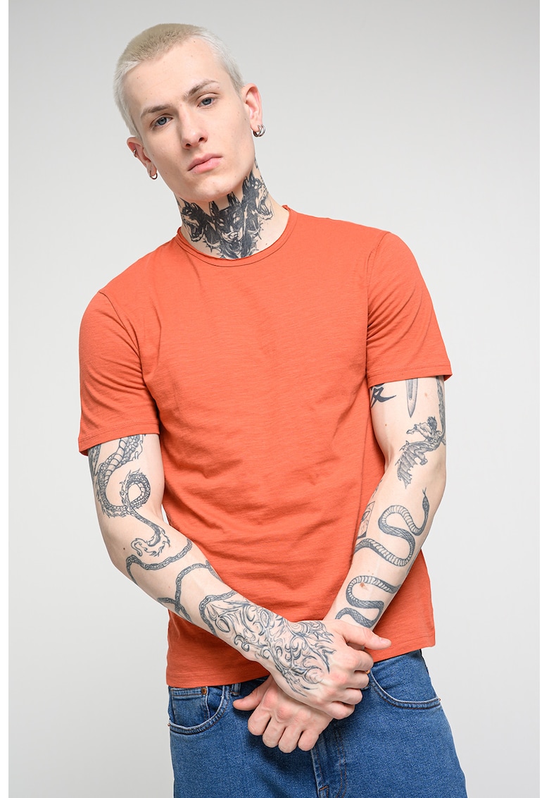 Tricou din bumbac cu decolteu la baza gatului - Portocaliu dovleac