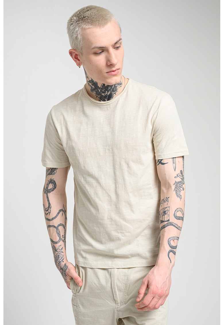 Tricou din bumbac cu decolteu la baza gatului - Bej deschis