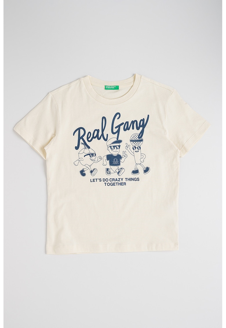 Tricou din bumbac cu imprimeu - Alb antichizat/Bleumarin