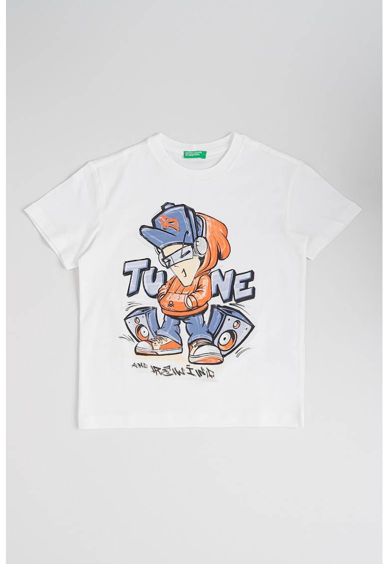 Tricou din bumbac cu imprimeu - Albastru prafuit/Portocaliu dovleac/Alb optic