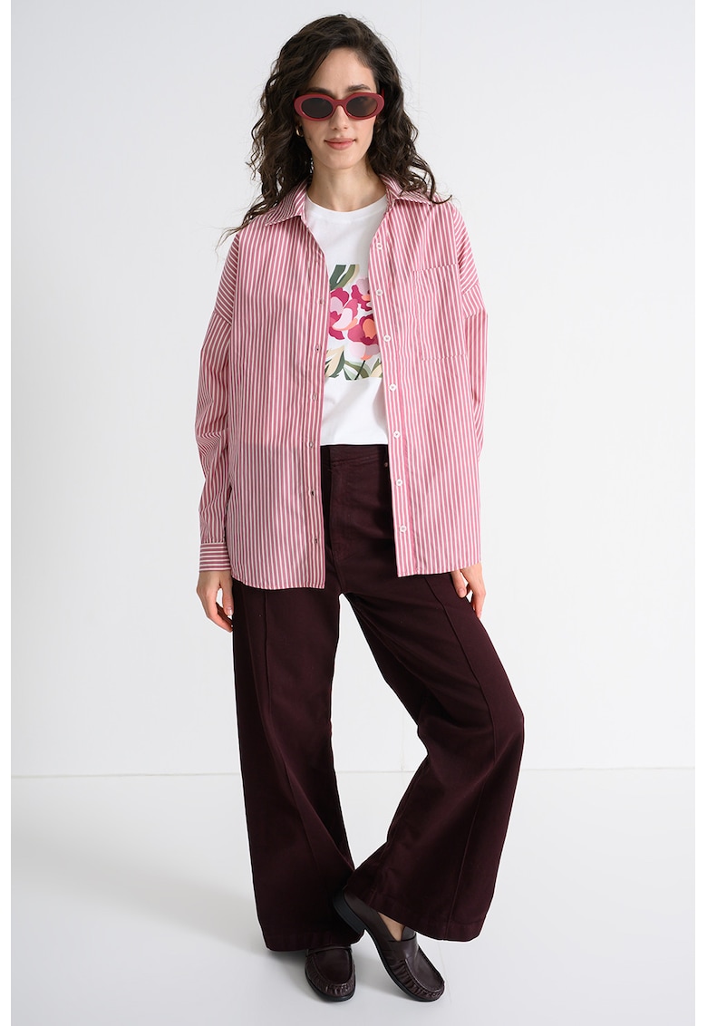 Camasa lejera cu model in dungi si maneci cazute - Alb/Rosu stins