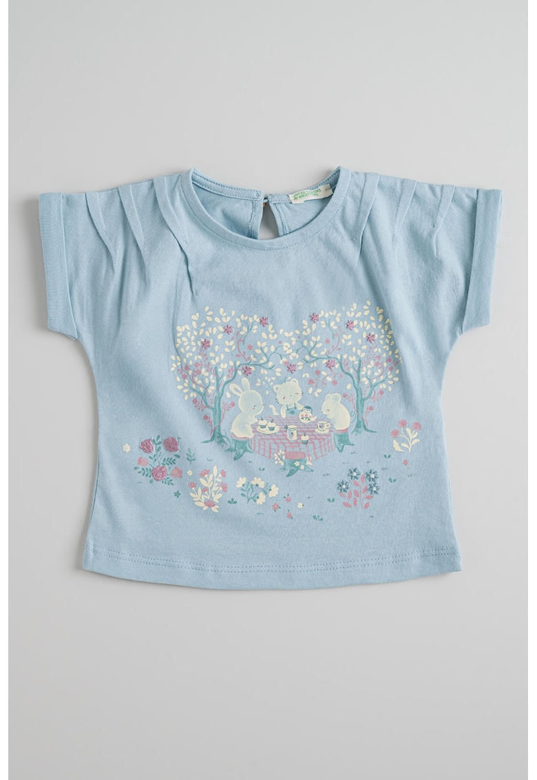 Tricou cu imprimeu grafic si maneci rulate - Albastru pastel