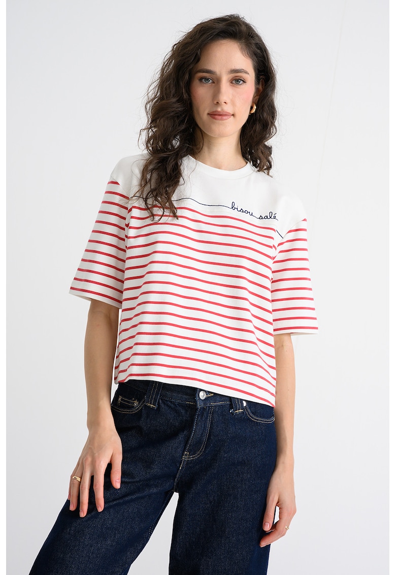 Tricou cu decolteu la baza gatului si model in dungi - Rosu/Alb