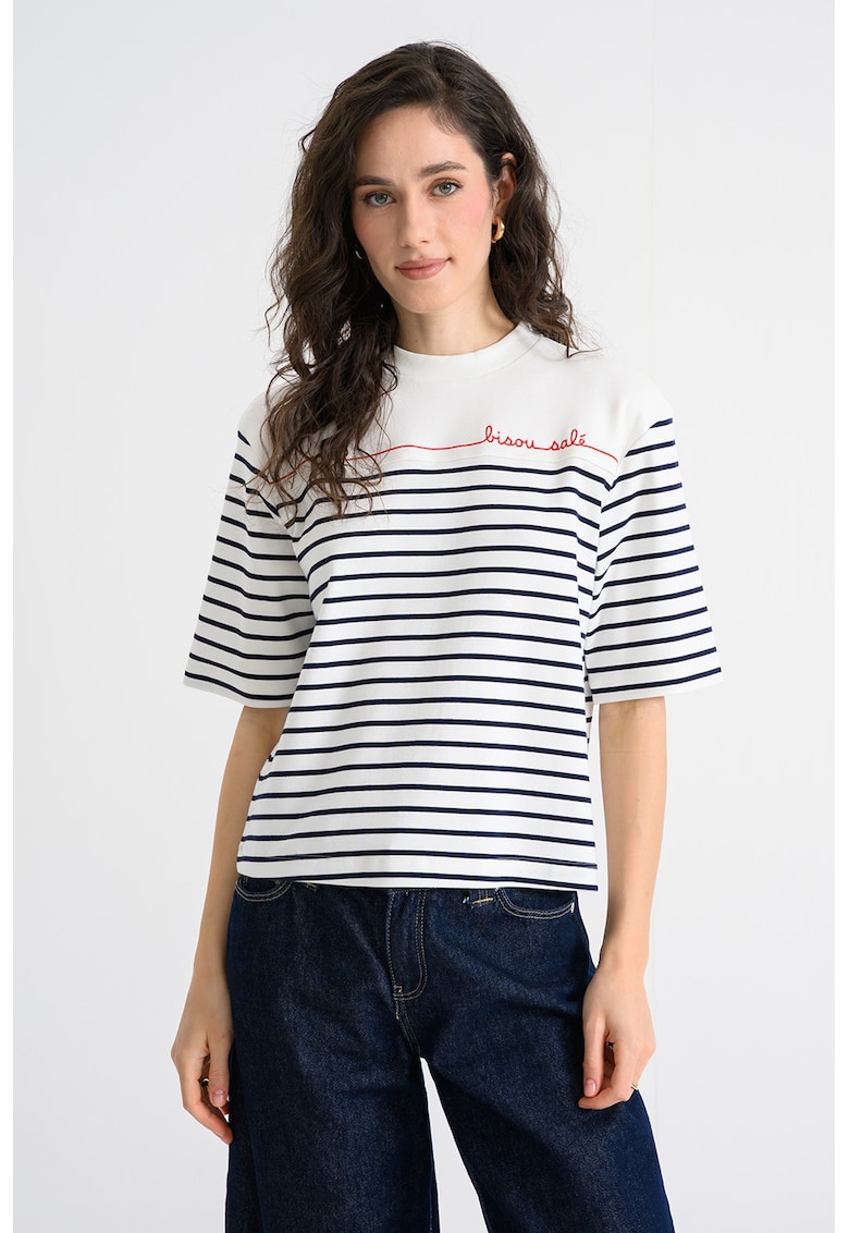 Tricou cu decolteu la baza gatului si model in dungi - Rosu/Alb/Bleumarin