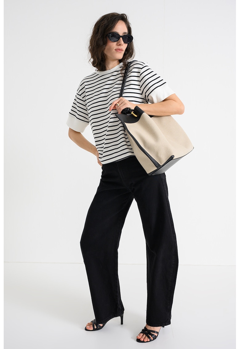 Tricou din amestec de bumbac cu model in dungi - Negru/Alb optic