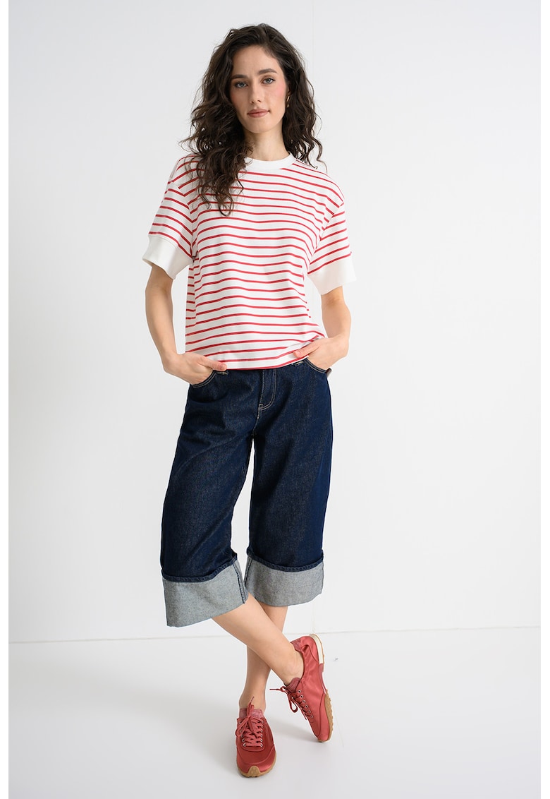 Tricou din amestec de bumbac cu model in dungi - Rosu/Alb