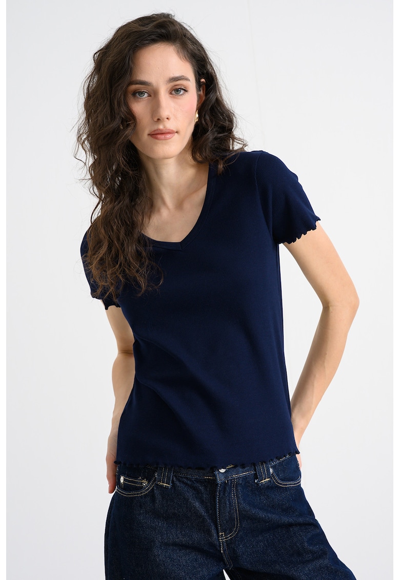 Tricou striat cu decolteu in V - Bleumarin