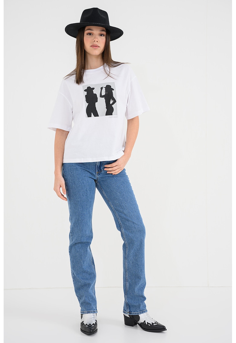 Tricou cu decolteu la baza gatului si imprimeu grafic - Alb optic