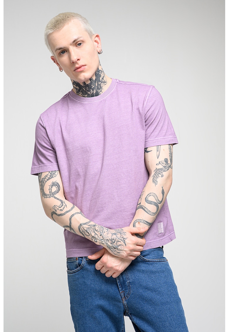 Tricou din bumbac cu decolteu la baza gatului - Liliac prafuit